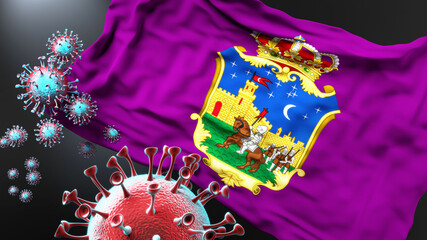 Guadalajara and covid pandemic - virus attacking a city flag of Guadalajara as a symbol of a fight and struggle with the virus pandemic in this city, 3d illustration