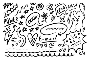 Doodle style Grunge Hearts, stars, lines and arrows. Highlight text elements. Vector illustration