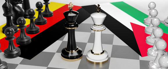 Germany and Jordan - talks, debate, dialog or a confrontation between those two countries shown as two chess kings with flags that symbolize art of meetings and negotiations, 3d illustration