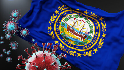 Fototapeta premium New Hampshire and covid pandemic - virus attacking a state flag of New Hampshire as a symbol of a fight and struggle with the virus pandemic in this state, 3d illustration