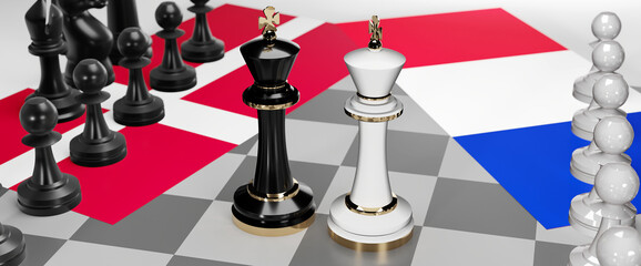 Denmark and France - talks, debate, dialog or a confrontation between those two countries shown as two chess kings with flags that symbolize art of meetings and negotiations, 3d illustration