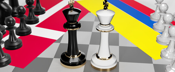 Denmark and Colombia - talks, debate, dialog or a confrontation between those two countries shown as two chess kings with flags that symbolize art of meetings and negotiations, 3d illustration
