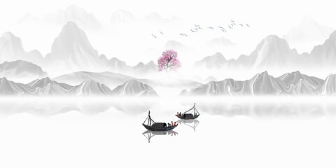 Fototapeta na wymiar Chinese style ink landscape background