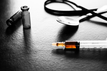 Heroin in syringe. narcotics, dangerous drug destroy lungs, suffer from severe dysentery. Substance...