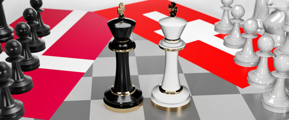 Denmark and Switzerland - talks, debate, dialog or a confrontation between those two countries shown as two chess kings with flags that symbolize art of meetings and negotiations, 3d illustration