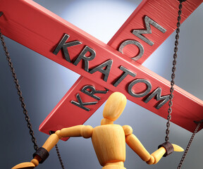Kratom control, power, influence and manipulation symbolized by control bar with word Kratom pulling the strings (chains) of a wooden puppet, 3d illustration
