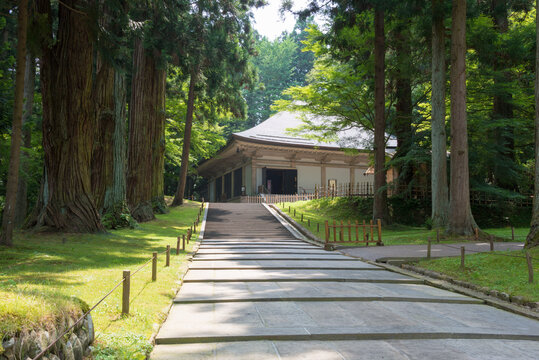 Iwate, Japan - Jul 21 2017- konjikido Hall at Chusonji Temple in Hiraizumi, Iwate, Japan. Chusonji Temple is part of UNESCO World Heritage Site - Historic Monuments and Sites of Hiraizumi.