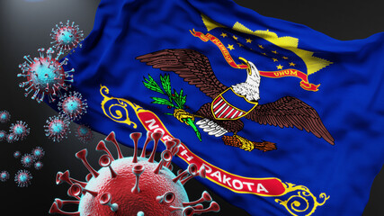 North Dakota and covid pandemic - virus attacking a state flag of North Dakota as a symbol of a fight and struggle with the virus pandemic in this state, 3d illustration