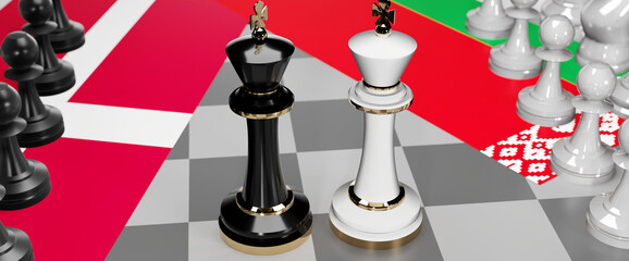 Denmark and Belarus - talks, debate, dialog or a confrontation between those two countries shown as two chess kings with flags that symbolize art of meetings and negotiations, 3d illustration