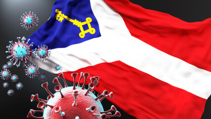 Gori Georgia and covid pandemic - virus attacking a city flag of Gori Georgia as a symbol of a fight and struggle with the virus pandemic in this city, 3d illustration