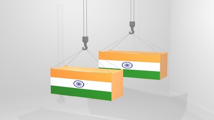 Three Dimensional 3D Ilustration or Rendering Container Crane Illustration With Indian Flag Label Being Moved From One Place to Another