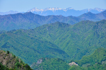 Fototapeta premium 奥秩父の両神山山頂からの展望 八ヶ岳の眺望 奥秩父 両神山（剣ヶ峰）より奥が八ヶ岳（左から権現岳、赤岳、横岳、硫黄岳、天狗岳）、その手前左から大蛇倉山、石仏、その手前中央が滝谷山 