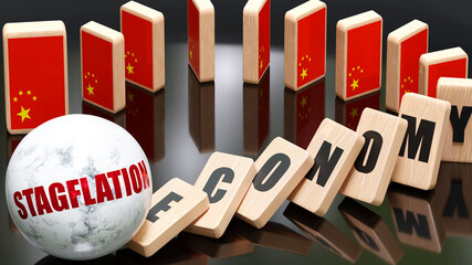 China and stagflation, economy and domino effect - chain reaction in China set off by stagflation causing a crash - economy blocks and China flag, 3d illustration - obrazy, fototapety, plakaty