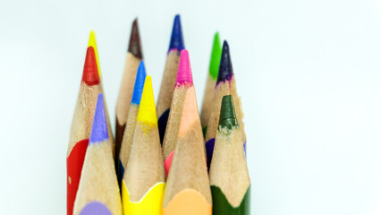 Color pencils on white background. Isolated close up shot for back to school projects.  