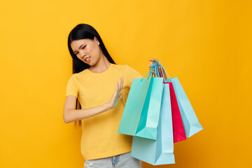 pretty brunette fashion shopping posing isolated background unaltered