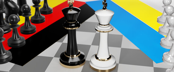 Germany and Ukraine - talks, debate, dialog or a confrontation between those two countries shown as two chess kings with flags that symbolize art of meetings and negotiations, 3d illustration