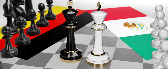 Germany and Mexico - talks, debate, dialog or a confrontation between those two countries shown as two chess kings with flags that symbolize art of meetings and negotiations, 3d illustration