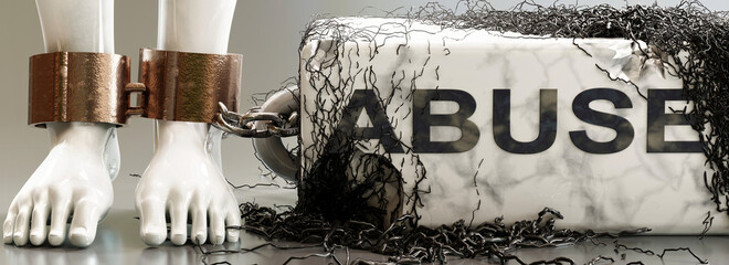 Abuse that entraps, limits life, enslaves and brings psychological weight, symbolized by a heavy, decaying stone with word Abuse and black, poisonous ivy., 3d illustration
