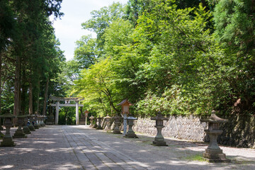 Gifu, Japan - Aug 02 2017- Approach to Hie Shrine. a famous historic site in Takayama, Gifu, Japan.