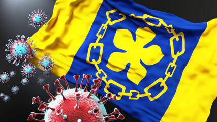 Hamilton and covid pandemic - virus attacking a city flag of Hamilton as a symbol of a fight and struggle with the virus pandemic in this city, 3d illustration