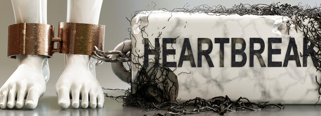 Heartbreak that entraps, limits life, enslaves and brings psychological weight, symbolized by a heavy, decaying stone with word Heartbreak and black, poisonous ivy., 3d illustration