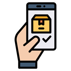 Mobile Apps Delivery cardboard, smartphone and hand filled line color icon
