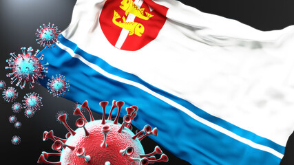 Gdynia and covid pandemic - virus attacking a city flag of Gdynia as a symbol of a fight and struggle with the virus pandemic in this city, 3d illustration