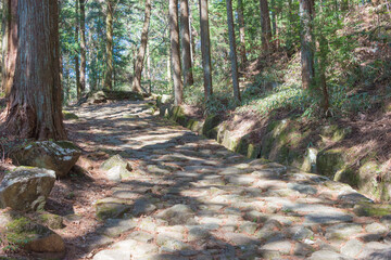 Gifu, Japan - Mar 25 2020 - Beautiful scenic view from Between Magome-juku and Ochiai-juku on Nakasendo in Nakatsugawa, Gifu, Japan. Nakasendo is famous ancient road.