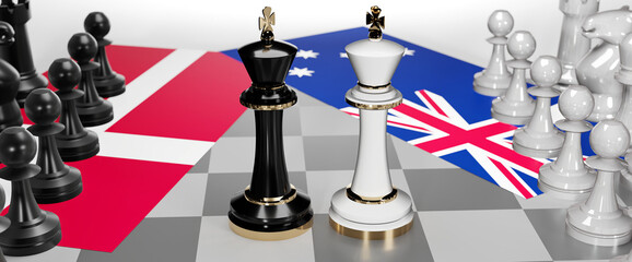 Denmark and Australia - talks, debate, dialog or a confrontation between those two countries shown as two chess kings with flags that symbolize art of meetings and negotiations, 3d illustration