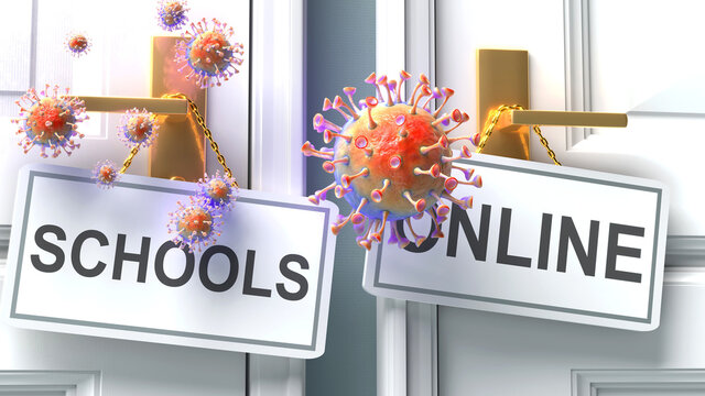 Covid schools or online - virus pandemic outcome and two future alternatives presented as 'schools' and 'online' door handle labels, 3d illustration