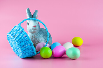 a rabbit and an inverted basket with easter eggs on a pink background copyscape