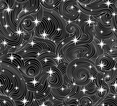 Beautiful decorative abstract ornament with curling lines and stars. Vector seamless pattern