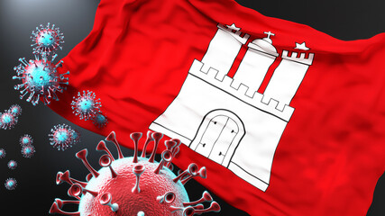 Hamburg and covid pandemic - virus attacking a city flag of Hamburg as a symbol of a fight and struggle with the virus pandemic in this city, 3d illustration
