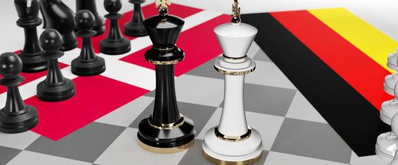Denmark and Germany - talks, debate, dialog or a confrontation between those two countries shown as two chess kings with flags that symbolize art of meetings and negotiations, 3d illustration
