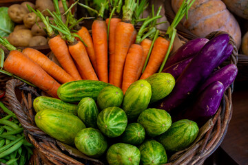 cucumber, carrot, and eggplant on thebasket