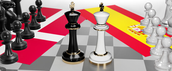 Denmark and Spain - talks, debate, dialog or a confrontation between those two countries shown as two chess kings with flags that symbolize art of meetings and negotiations, 3d illustration