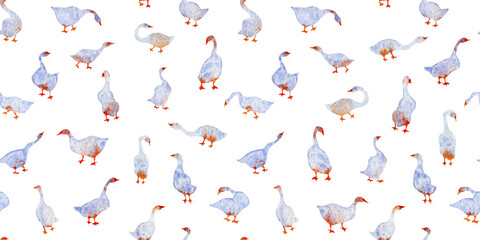 Handmade watercolor seamless pattern geese swan isolated on the white background. Colorful background for fabric, wallpapers, gift wrapping paper, scrapbooking. Design for kids. © rom-anni