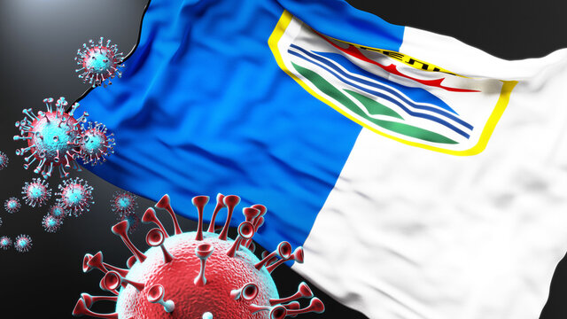 Covid in Gevgelija Municipality North Macedonia - coronavirus and a flag of Gevgelija Municipality North Macedonia as a symbol of pandemic in this city, 3d illustration