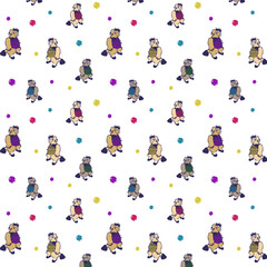 Seamless pattern with cute stylizing cartoon beavers and colorful balls. Vector pattern in hand drawn style.