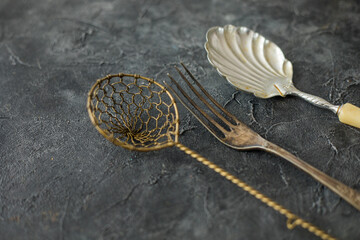 Lovely silver cutlery elements, sliver fish spoon, fish fork, vintage style wedding silvery design elements