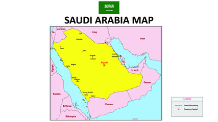 Saudi Arabia map. Political map of Saudi Arabia. Saudi Arabia Map with yellow color.