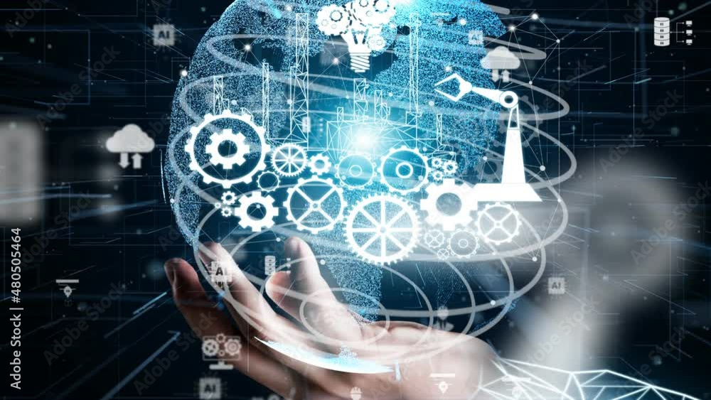 Poster futuristic industry 4.0 and inventive mechanized engineering concept with graphic user interface sho