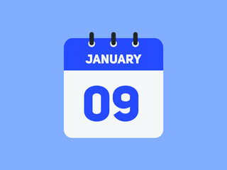 January 09 text calendar reminder. 9th January daily calendar icon template