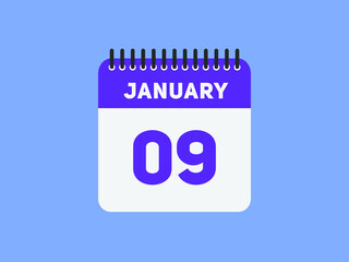 January 09 text calendar reminder. 9th January daily calendar icon template