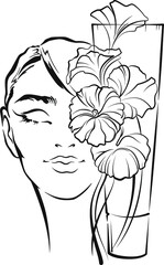 Vector illustration. Beautiful young woman, tube with natural face cream, cosmetic ingredient centella asiatica plant. Linear black and white sketch for card, poster, flyer about female beauty.