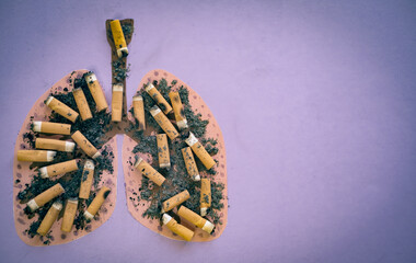 Lungs image with butts cigarettes and Ash from cigarette or cigar smoke. Stop smoking. Unhealthy...