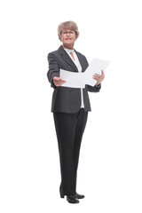 Adult female in black suit holding papers in her hand, isolated on white
