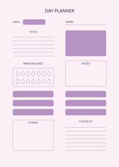 Note paper, scheduler, diary, planner document template illustration. Daily to do list form. Purple background. Water tracker