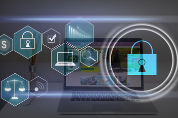 Person using a laptop computer with technology cybersecurity and privacy concept. protection and safe data for global network security