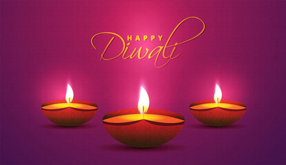 Website header or banner design with realistic oil lamp on purple background for Diwali Festival celebration.